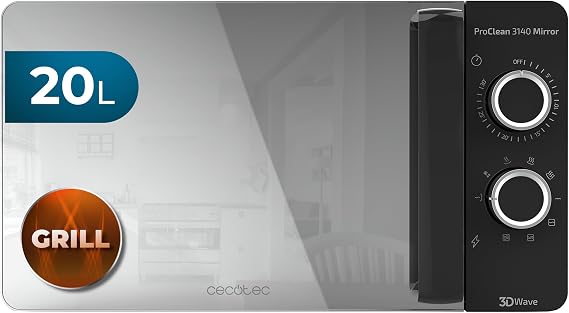 Cecotec ProClean 3140 Mirror 20 Litre Microwave, 700 W with 6 Levels, Grill 800W, Ready2Clean Coating for Better Cleaning, 3DWave Technology, Black with Mirror Effect