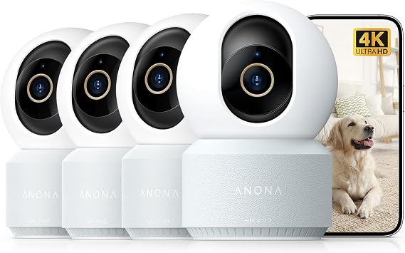 Anona Pano 4K UHD Indoor Security Camera 4 Pack, 360° Pan-Tracking Dome Camera for Home Security, Wi-Fi 6 with Person/Pet/Baby Cry Detection, 2-Way Audio & Privacy Mode | Alexa Compatible