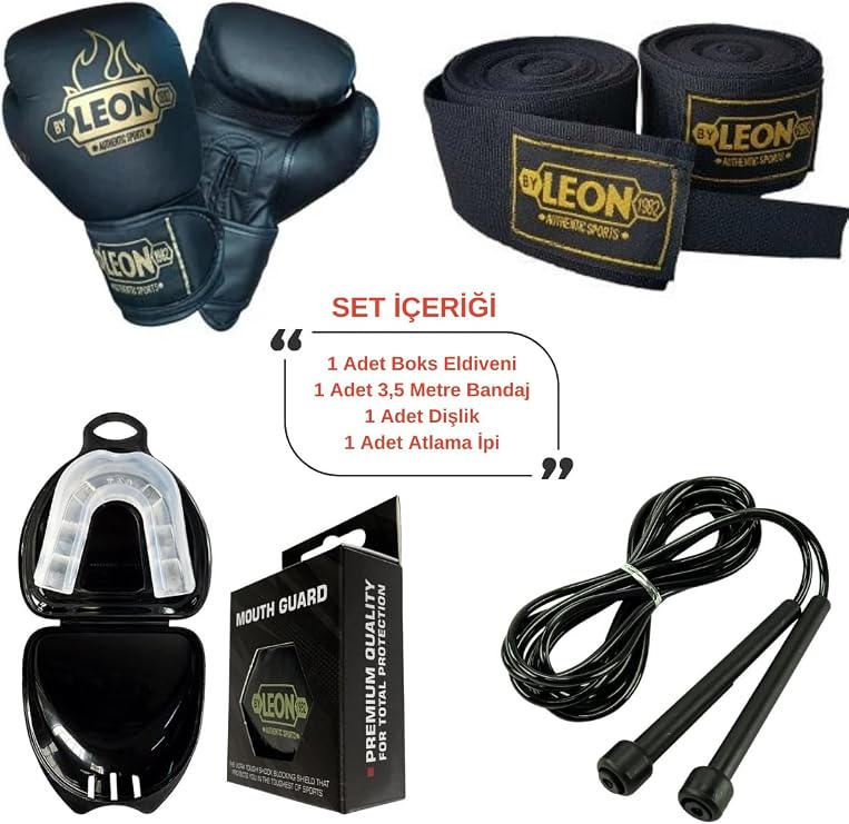 Training Set Blade Boks Eldiveni, 3,5 Metre Bandaj, Dişlik ve Atlama İpi Seti, Siyah, 10 oz