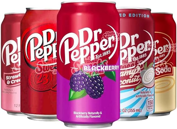 Dr Pepper Soft Drinks 355ml – Vanilla Float, Cream Soda, Blackberry, Cherry, Strawberries & Cream & Creamy Coconut – Pick Your Favourite Flavour & Number of Cans