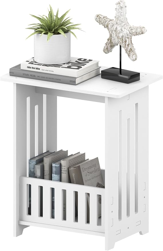 Small Side Table, Narrow End Table, Sofa Side Desk with Storage Shelf, Waterproof Living Room Mini Square Tables, Small Coffee Tables for Living Room, Bedroom, Balcony, Hallway, White