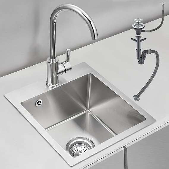 ROVOGO Kitchen Sink 50 x 40 cm Brushed 304 Stainless Steel Sink with Tap Hole Drain Fitting and Overflow Set Built-in Sink 1 Basin Rectangular Built-in Sink Small Stainless Steel Sink for