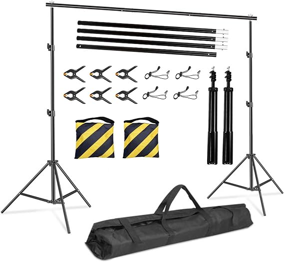 Backdrop Stand Kit,Adjustable Photography Studio Backdrop, 4 Crossbars, 6 Spring Clamps, 4 Backdrop Clips, 2 Sandbags and Carrying Bag for Studio Photography & Party Ceremony (black, 10×8.5ft)