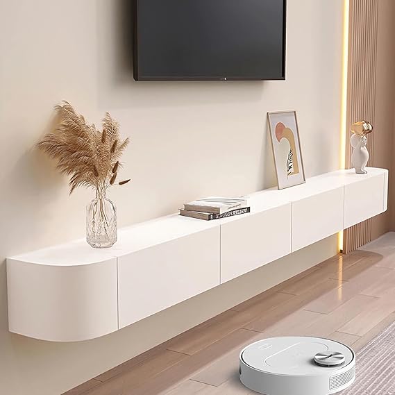 Floating tv unit Floating TV Cabinet Wall Mounted Home Storage Cabinet With Doors Entertainment Media Console Solid Wood Modern Living Room Round Corner (White, 160cm)