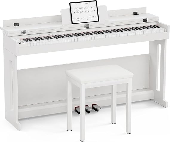 UMOMO 88 Weighted Key Graded Hammer Action Piano with Bench, Digital Electric Piano with Piano Stand, Headphone Jack, 3 Pedal, Full Size Electronic Piano Keyboard for Beginner, Adults, White