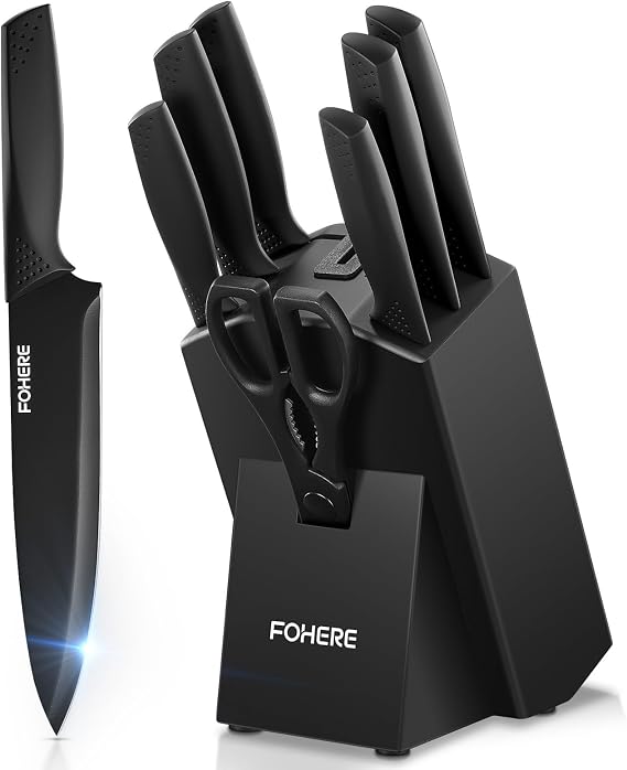 FOHERE 8-Piece Kitchen Knife Set with Built-in Sharpener Stainless Steel Knives Professional Kitchen Knives, Black