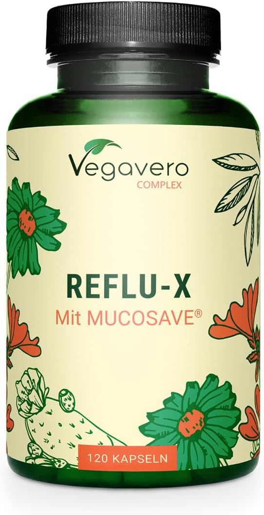 Vegavero Reflu-X Complex | Natural Antacid | Stomach Capsules for Reflux and Gastritis | with Mucosave®, Olive Leaf Extract, Sodium Alginate, Chamomile | NO Additives | 120 Capsules | Vegan