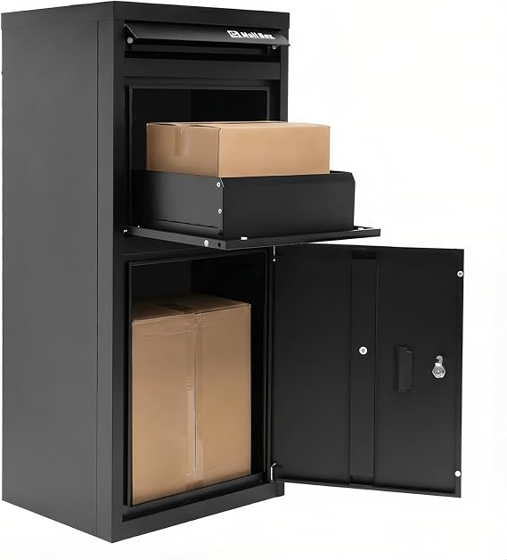 BIRCHTREE Large Parcel Drop Box with Lock & 2 Keys, 101cm Height, Secure Parcel Delivery Box, Weatherproof Outdoor Metal Parcel Box with Anti-Theft Design, Wall or Floor Mounted, Black