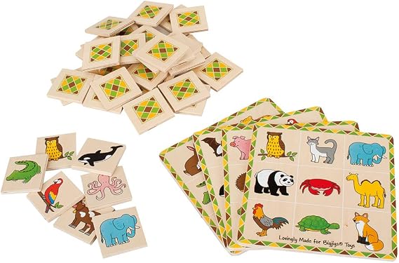 Bigjigs Toys Wooden Lotto Game, 2-4 Player Traditional Animal Memory Game