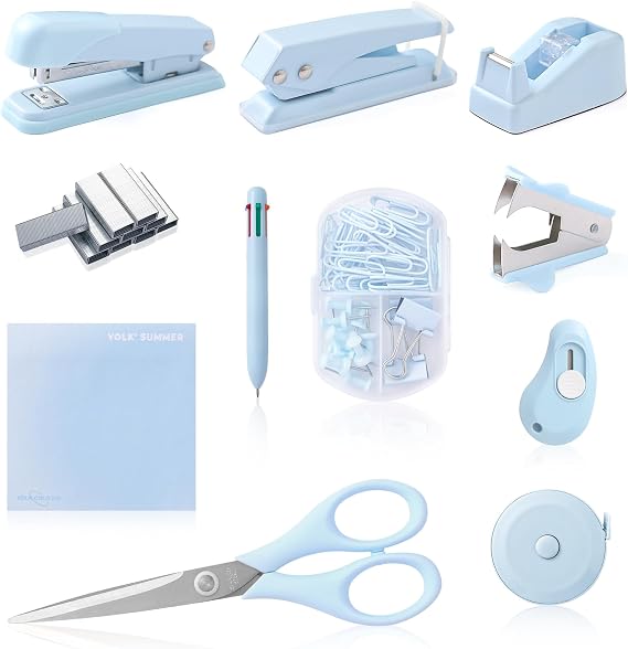 Blue Desk Accessory Kit Cute Office Supplies Set Desktop Stapler Set Includes Staple Remover Hole Punch Tape Dispenser Ballpoint Pen Scissor Mini Box Cutter Tape Measure Paper Clips Sticky Notes