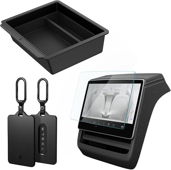 Spigen Tesla Bundle - Screen Protector & Centre Console Organiser & 2 Pack Key Card Holder for Tesla Model Y Juniper 2025-2026 and Model 3 Highland 2024-2026 (Only Premium, Performance)