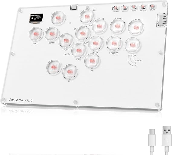 AceGame Arcade Stick 16Keys All-Button Gamerfinger with Turbo Functions & Custom RGB,Arcade Controller Street Fight for PC/Ps3/Ps4/Switch/Steam Game Keyboard-Supports Hot Swap & SOCD (WHITE)