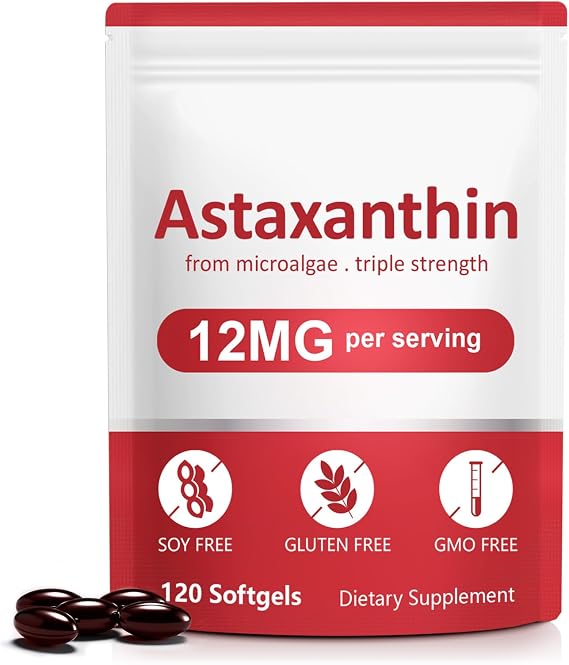 Astaxanthin 12mg, 120 Softgels Premium Astaxanthin Antioxidant Supplements, Support Eye, Joint, Immune & Skin Health, Naturally Sourced from Haematococcus Pluvialis Algae, Non-GMO & No Gluten (1)