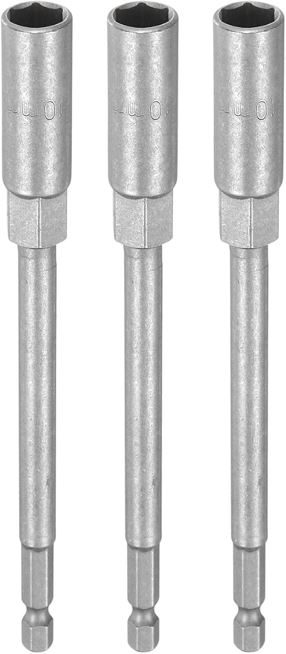 sourcing map 3pcs Nut Driver Drill Bit 10mm Metric Impact Socket 1/4" Hex Shank 6" (150mm) Extra Long 6-Point Sockets Quick-Change CR-V Steel Bolt Setter for Power Drill Drivers