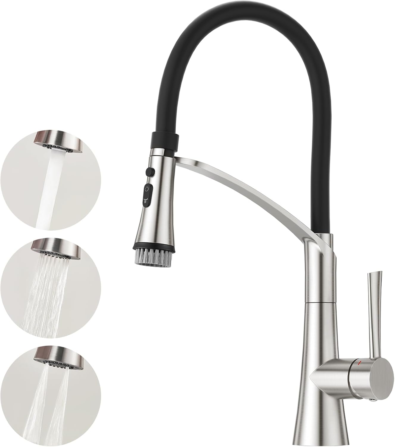 CREA Kitchen Tap With Pull Down Dual Function Sprayer, 360° Swivel Sink Mixer, Single Lever, Black Silicone Hose, Stainless Steel