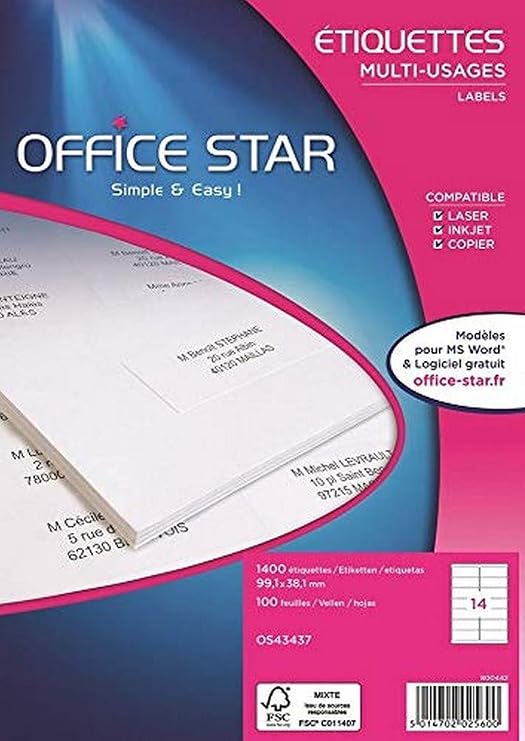 Office Star Multi-Use bôite 1400 Labels 99.1 x 38.1 MM White