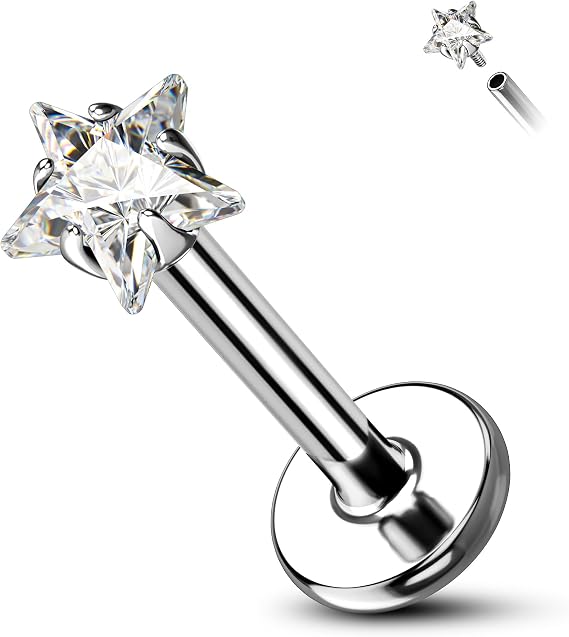 Minimalist Star Triangle Heart Forward Helix Piercing Jewellery G23 Titanium Cartilage Helix Tragus Conch Stud Earrings Prong Set Internally Threaded Flat Back Labret Medusa Piercing Jewellery