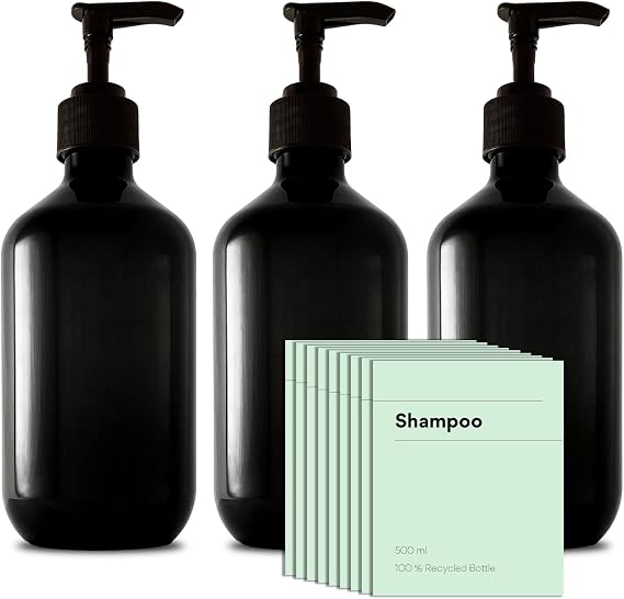 Recycled Plastic Pump Bottle Dispenser 3 x 500ml, Bathroom Bottles With Labels, Empty Refillable Shampoo and Conditioner Bottle with Pump for Liquid Hand Soap, Shower Gel, Body Wash, Lotion, Black