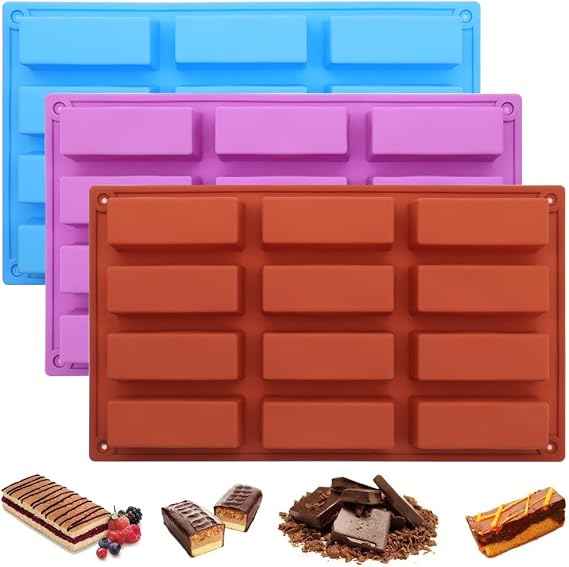 3Pcs Chocolate Bar Moulds,12 Cavity Nutrition Energy Cereal Bar Moulds Silicone Rectangle Molds for Chocolate Truffles Bread Brownie Cornbread Cheesecake Butter Mold