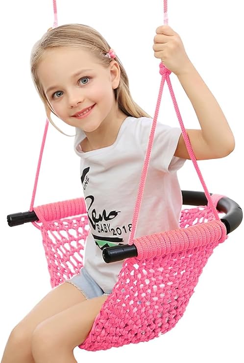 Hand-Knitting Toddler Swing, Swing Seat for Kids with Adjustable Ropes, for Outdoor Indoor, Playground, Backyard (Pink)