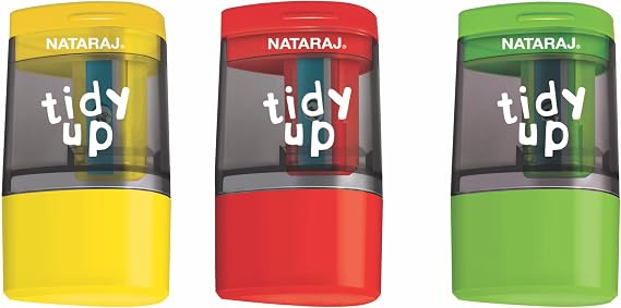 Nataraj Combo Pencil Sharpener with Mess-Free Canister and Eraser Tidy up- 2 in 1 Sharpener & Eraser Set (Pack of 3 - Red, Green, Yellow)