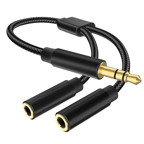 Headphone Splitter Cable 3.5mm Aux Splitter Adapter Nylon Braided Male to 2X Female Aux Extension Cord,headphone splitters 2 way,Compatible with Apple iPhone/iPod/iPad 23CM (Black)