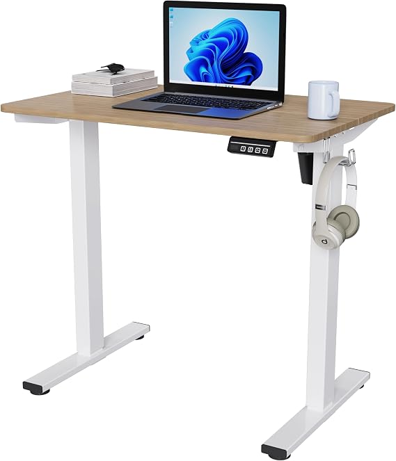 LongKe Electric Standing Desk Adjustable Height, 32x20 Inches Sit Stand up Desktop for Home Office, Ergonomic Rising Computer Table with Memory Preset, Yellow Beams
