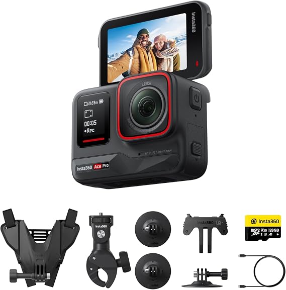 Insta360 Ace Pro Motorcycle Bundle - Waterproof Action Camera with Leica Sensor and AI Noise Reduction for 4K120fps 2.4" Flip Screen