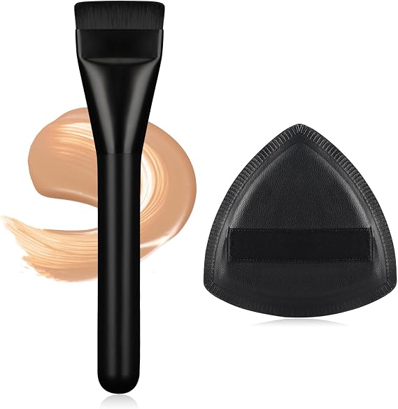 Flat Foundation Brush for Liquid Makeup with Powder Puff Fast Flawless Flat Top Kabuki Makeup Brushes Face Cosmetics Concealer Brush for Liquid, Blending, Powder, Cream, Blush, Buffing Black