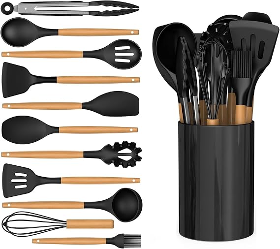Kitchen Utensil Set, 12 PCS Silicone Cooking Utensils Set with Wooden Handle, Nonstick Cookware Tongs Spatula Spoon Set, Heat Resistant, Dishwasher Safe, Best Kitchen Tools (Black)