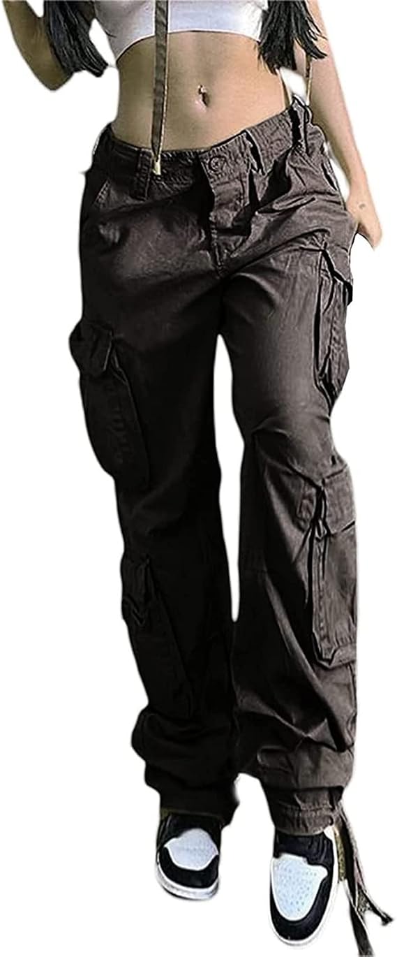 Women Girls High Waist Cargo Pants Straight Wide Leg Baggy Jeans Y2K Gothic Denim Pants Pockets Streetwear Color : Gray, Size : L
