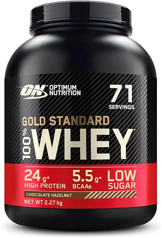 Optimum Nutrition Gold Standard 100% Whey Muscle Building and Recovery Protein Powder With Naturally Occurring Glutamine and BCAA Amino Acids, Chocolate Hazelnut Flavour, 71 Servings, 2.27 kg