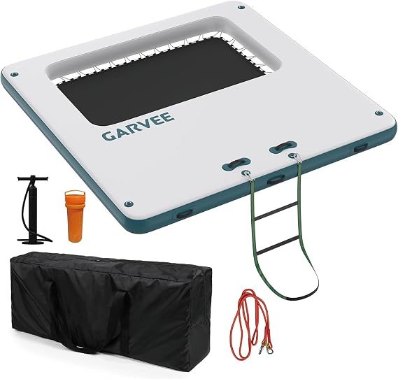 Garvee Inflatable Floating Dock, 2.6 x 2.6 m Floating Island with Portable Carrying Bag, Rope Ladder & Pump, Multi-Person Swim Water Mat for Adult, Non-Slip Air Raft Platform for Lake Pool Beach