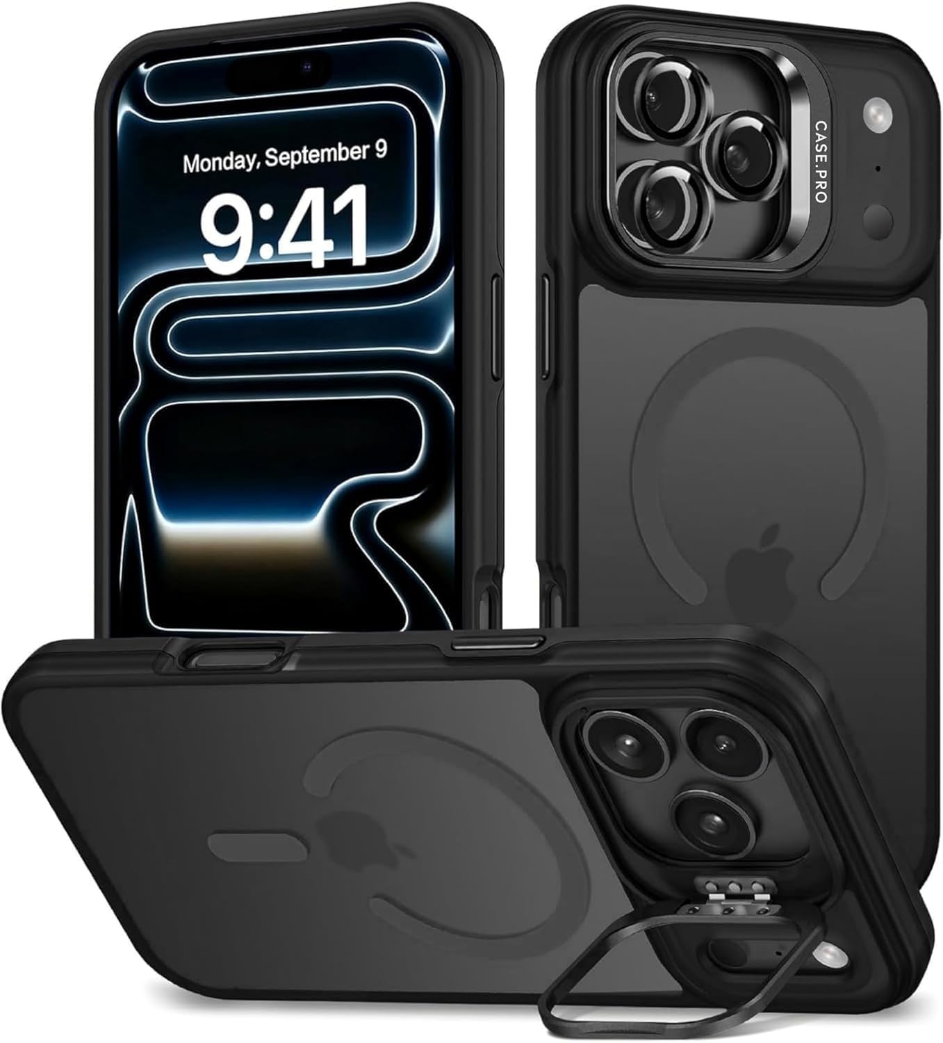 iPhone 17 Pro Max için Kılıf Kamera Korumalı Magsafe Wireless Şarj Özellikli Lens Hediyeli Mat Şeffaf Renkli Standlı Kılıf (Siyah)