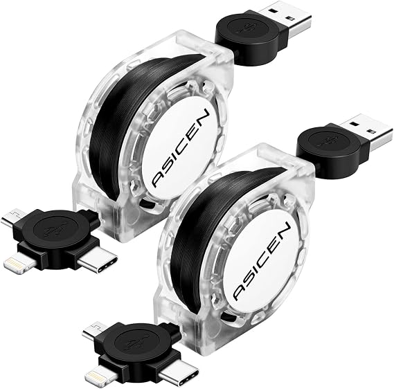 ASICEN 3-in-1 Multi-USB C Cable, Rapid Charger, 3.0A Retractable Cable | データ転送 ライトニング/USB-C/Micro USB充電コード黒い2本組 1M iPhone 17/16/15シリーズ、Galaxy/Pixel/Xperiaなど各種対応（市販上のスマホ全対応）