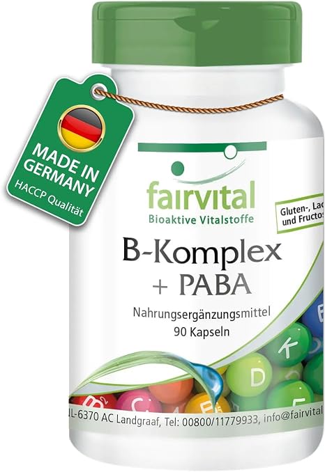 fairvital Vitamin B Complex Forte + PABA 90 Capsules 500 μg Vitamin B12 with All B Vitamins (B1 B2 B3 B5 B6 B7 B9 B12) High Dose Vegan