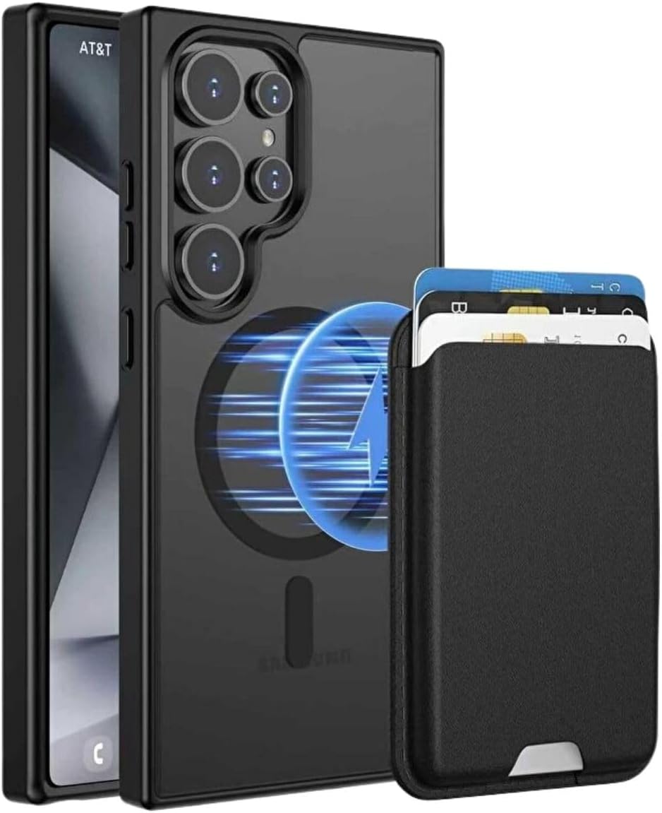 Samsung Galaxy S23 Ultra Uyumlu M-Safe Kablosuz Şarj Destekli Mat Kılıf  MagSafe Kartlıklı Cüzdan - Tam Koruma Seti Siyah, Samsung Galaxy S23 Ultra