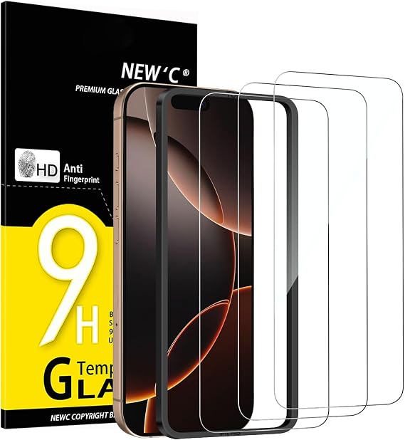 NEW'C 3 Pieces, Screen Protector for iPhone 17, 17 Pro, iPhone 16 Pro (6.3 inches), Tempered Glass with Easy Installation Tool Included, Anti-Scratch, Anti-Fingerprint, 9H Hardness, Ultra Resistant