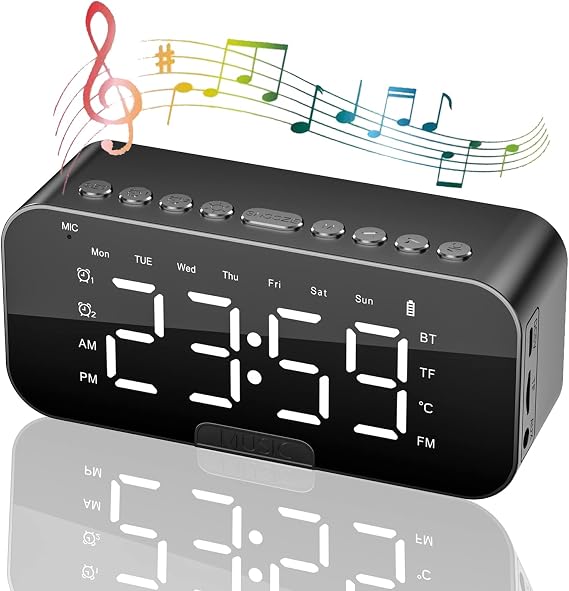 Alarm Clocks Bedside, Alarm Clock Radio with Bluetooth Speakers, Digital Alarm Clock for Bedroom, Portable Mirror Alarm with Dual Alarm, Snooze, LED Display, 3 Level Adjustable Dimmable, USB Charging