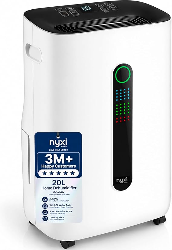 Nyxi 20L/Day Home Dehumidifier, Digital Humidity Sensor, XL 6.5L Water Tank Removes Condensation, Humidity, Damp, Moisture, Laundry Drying, Continues Drainage, Auto-Off, 24 Hour Timer for Home, Office