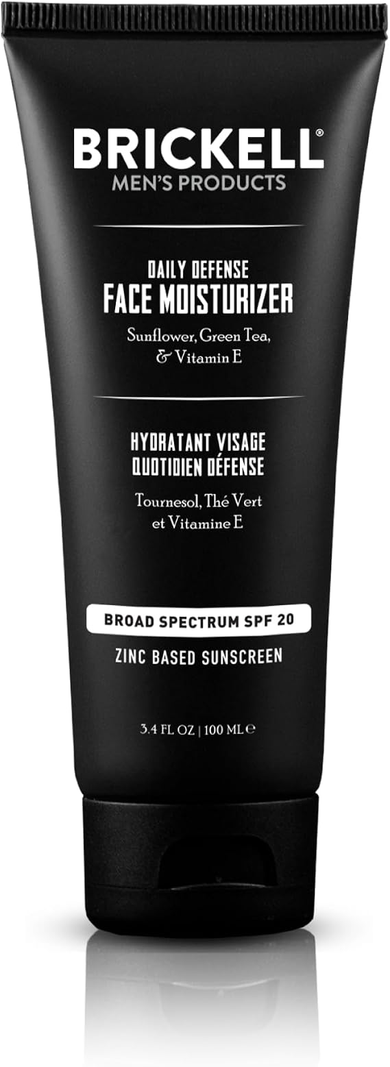 Brickell Men's Daily Defense SPF 20 Facial Moisturizer, Natural and Organic, Zinc Facial Moisturizing Sunscreen, Hydrates and Protects the Skin Against Harmful UVA/B Rays, 100 ml, Unscented