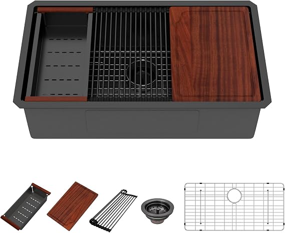 33インチ マットブラック ワークステーション キッチンシンク - プレミアムNANO-PVDコーティングアンダーマウントシンク、アクセサリーレッジ&ラウンドコーナー付き16ゲージディープシングルボウル 36インチのキャビネット33インチx19インチx10インチに適合