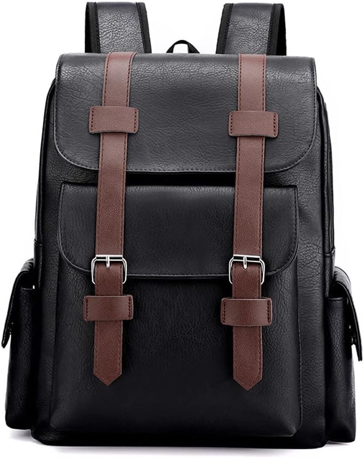 PU Retro Backpack Large Capacity Middle School Student School Bag Casual Computer Travel Backpack for Men and Women 34X12x38cm(Color:black)