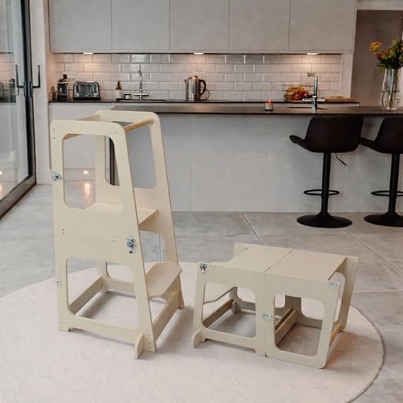 Convertible Learning Tower, 2-in-1 Kids Kitchen Stool & Table/Chair, 1-6 Years Wooden Standing Tower with Safety Feet, Montessori Kitchen Step Stool, (Coated)