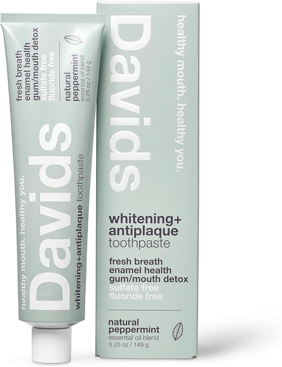Davids Natural Whitening Toothpaste, Antiplaque, Fluoride Free, SLS Free, Peppermint, 5.25 OZ Metal Tube, Tube Roller Included