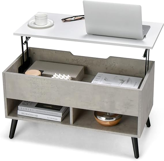 GIANTEX Coffee Table with Height-Adjustable Top Coffee Table Sofa Table with Storage Compartment and 2 Open Shelves Extendable Living Room Table Side Table with Spring Lifter Tea Table Modern 80 x 40 x 46/60 cm