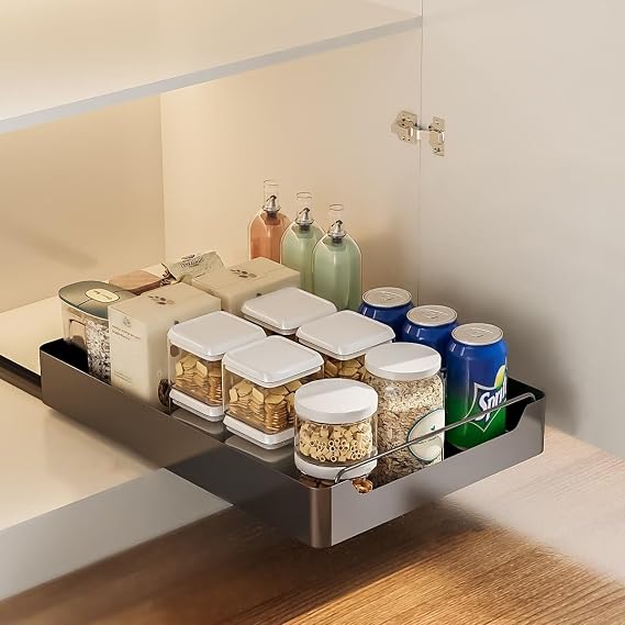 Pull-Out Kitchen Cabinet Organizer Extendable Sliding Drawer for Kitchen Cabinet Without Drilling (Black, 43 x 40 x 7 cm)