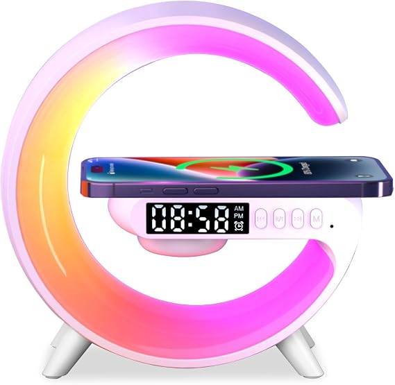 Les-Theresa G Light Wireless Charger Bluetooth Speaker Bedside Lamp Wireless Charger Light, G Atmosphere Lamp with Alarm Clock Bluetooth Speaker Lamp for Home Office Gifts (White) [Energy Class A]