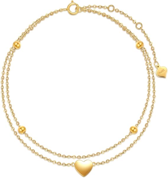 14k ソリッドイエローゴールド ハートアンクレット レディース リアルゴールドレイヤードアンクレットブレスレット ファインジュエリー 記念日 誕生日 母の日ギフト 彼女 奥様 母親 ガールフレンドに 8インチ+2インチ