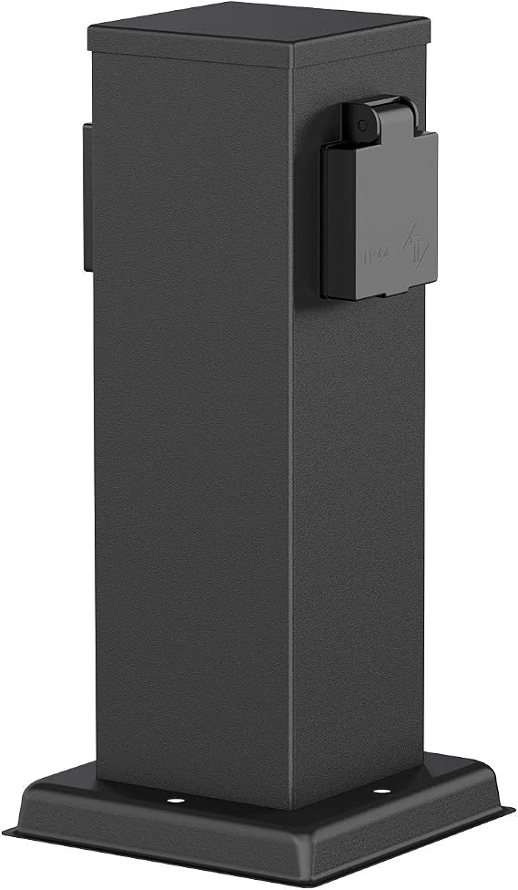 Garden Power Socket Column Polly Black for Outdoor, Double, Stainless Steel, Angular, 27cm